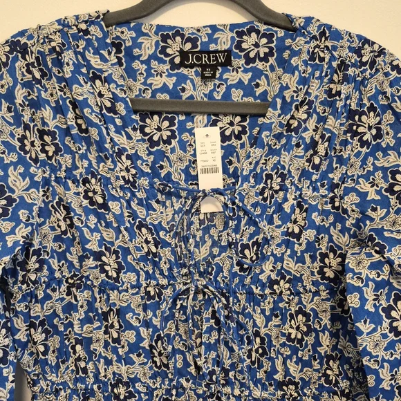 J. Crew Tiered Tie Front Beach Dress Cobalt Blue Floral Cotton Vneck Mini Sz XS - Picture 5 of 16